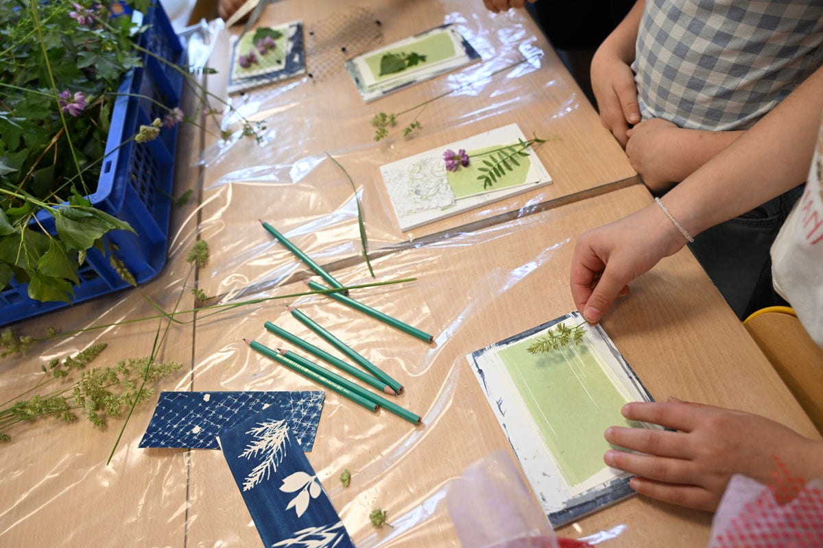 Une fois le papier enduit de la solution photosensible, les enfants s'attaquent à la composition.