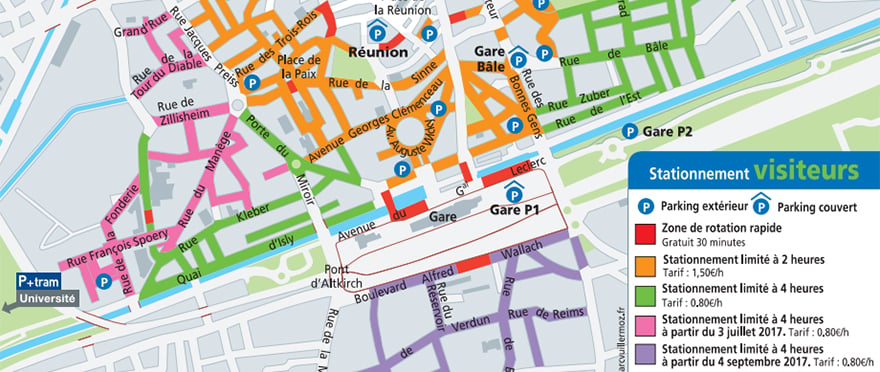 En rose, l'extension du stationnement payant au quartier Fonderie.